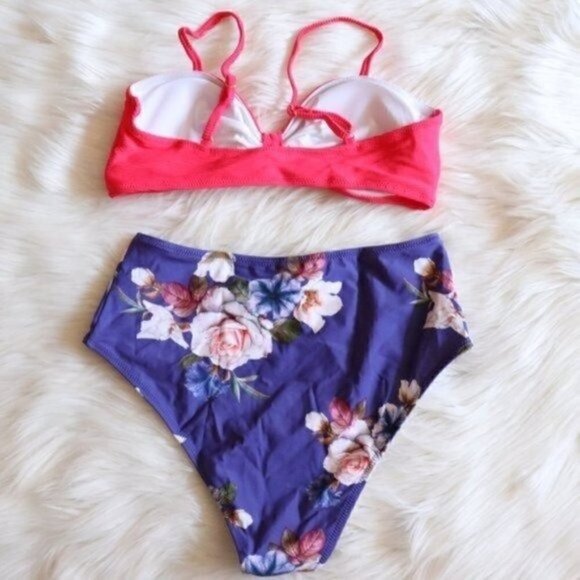 NWT Pink Purple Floral Printed Bikini Set Size Medium High Rise Bathing Suit - Picture 6 of 7